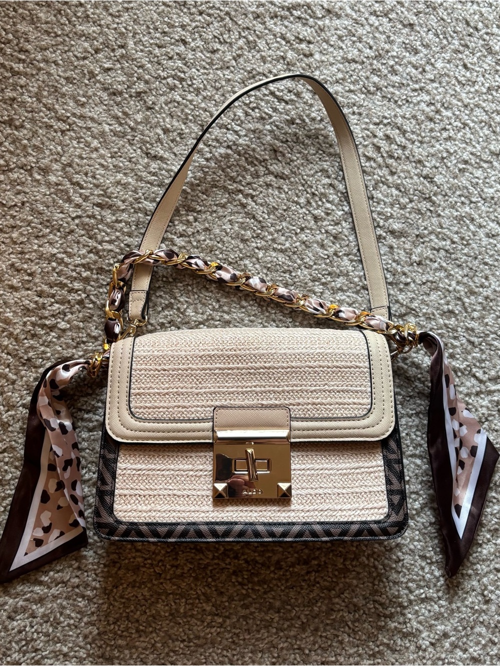 Aldo Cream Braided-Trim Shoulder Bag with Gold Hardware